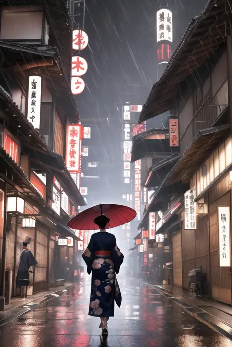(extremely detailed CG unity 8k wallpaper),(masterpiece), (best quality), (realistic), cyberpunk, japan, scenery, banners, night, beautiful lighting, detailed, geisha in kimono, raining, umbrella