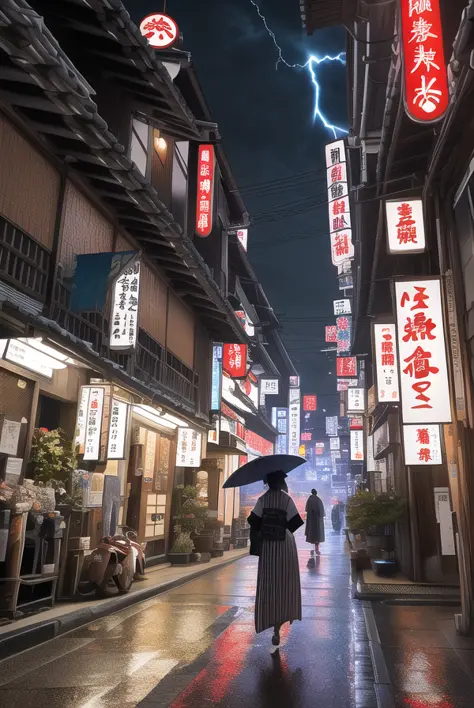 (extremely detallado CG unity 8k wallpaper),(obra maestra), (mejor calidad), (Realista), ciberpunk, Japón, escenario, banners, Noche, hermoso relámpago, detallado, geisha en kimono