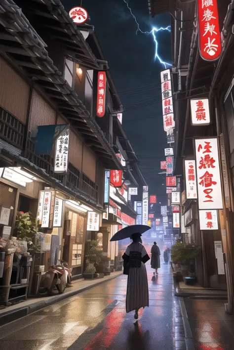 (extremely détaillé CG unity 8k wallpaper),(chef-d&#39;œuvre), (Meilleure qualité), (Réaliste), cyberpunk, Japon, paysage, bannières, nuit, Bel éclair, détaillé, geisha en kimono