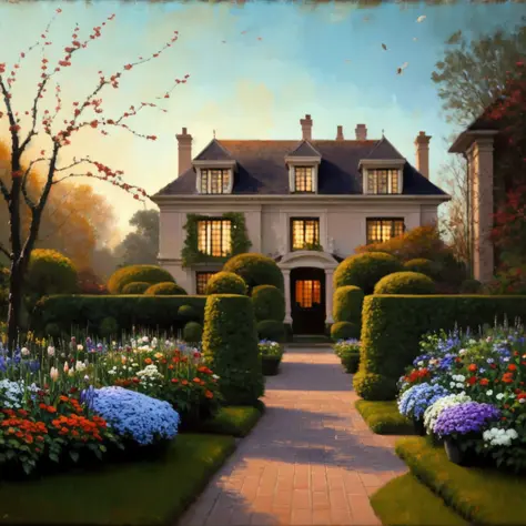 outside an impressive mansion, garden, flowers,cozy lighting, wide angle, oil painting, painterly, broad brush strokes, thick pa...