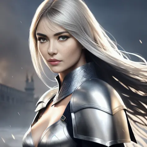 a professional portrait of Olga Kurylenko as beautiful young female warrior, clothed in battle armor, olive skin, long silver hair, perfect blue eyes, beautiful bone structure, symmetrical facial features, intricate, elegant, digital painting, concept art, smooth, sharp focus, finely detailed, volumetric lighting,  behind a grand castle