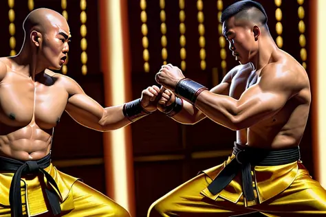 movie action scene from The 36th Chamber of Shaolin, cinemascope, 4K, cinematic lighting, Kung Fu, martial arts, epic action packed fight scene at a Chinese temple, detailed