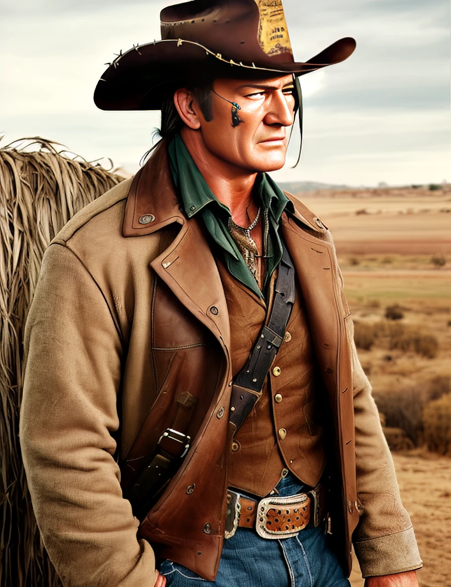 a rustic photo of Rooster Cogburn portrayed by John Wayne, 19th century