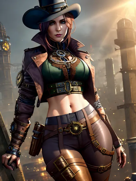 high quality RAW color photo of a steampunk detective woman wearing low rise pants and thigh high boots crop top and jacket, thigh gap, intricate clockwork city, evening, dark, atmospheric, mist, seductive, sexual, vivid alluring eyes, high contrast, soft lighting, backlighting, bloom, chromatic aberration, smooth, sharp focus, fantasy, steampunk