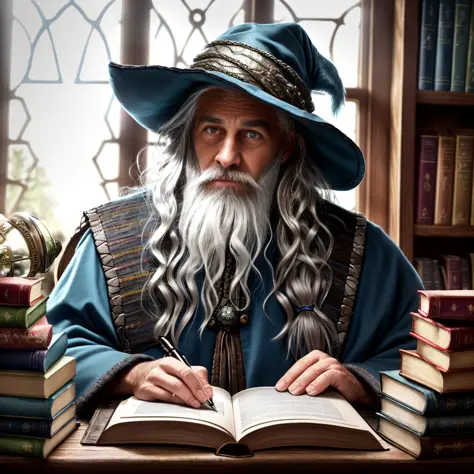 award winning waist up photo of a rugged fantasy wizard, 8K, wizard hat, wearing torn wizard robes, old and wrinkled, long white...