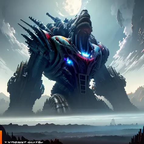 a humongous cyborg monster on the horizon, dutch angle from space view, concept art, high detail, intimidating, epic scale ultra...