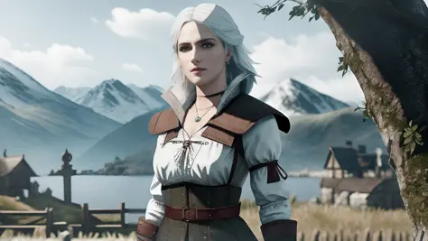 The Witcher 3, Skellige, (Ciri:1.2), Witch, elegant, pretty, beautiful, cute, epic character composition, confident, sharp focus, natural lighting, subsurface scattering, (petite:1.2), magical, shadowed and large green eyes, bright, luminous, detailed shadow, detailed nose, leather choker, (beautiful face), (seductive:1.3), dynamic pose, full body view, sharp background
white top, covered by a brown leather Witcher armor, sword on belt,
Amulet, skimpy clothes, sexy, best quality