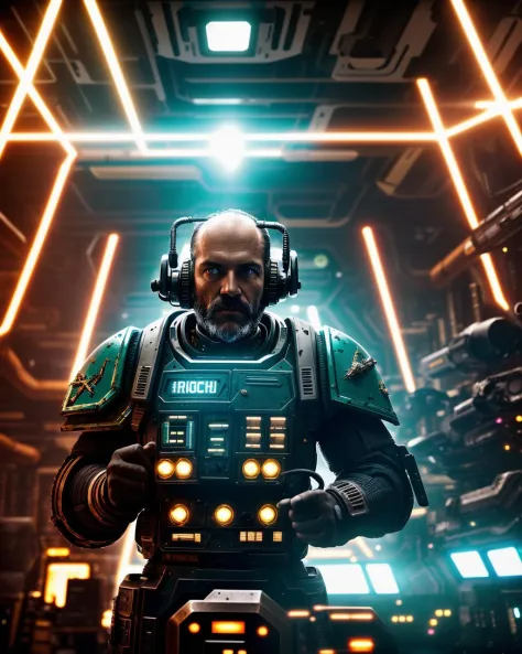 award winning waist up photo of a rugged dark science fiction space marine, wearing scratched and dented space marine gear, middle-aged, short copper hair and beard, green eyes, inside spaceship cockpit, electronic circuits hanging loose in background, flashing control panel in foreground, science fiction, action, dark, tools on floor in background, dark red lighting, high contrast, shiny skin, backlighting, bloom, light sparkles, chromatic aberration, sharp focus