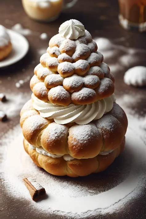 a close up of a pastry tower with whipped cream and cinnamon