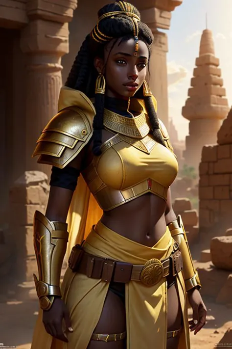 a woman in a gold outfit standing in front of a stone building