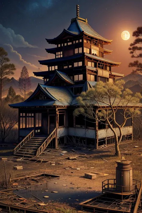 a painting of a japanese style building with a full moon in the background