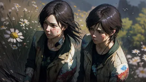 makoto shinkai, "wildflowers", mature female, by Jeremy Mann, 1980s, High Detail, epic realistic, ultra-detailed, upper body, ((wounded)), cliff, (cyber-style boy:0.66), blurry background, feathers, photorealistic painting, (Look down from above:1.3), volumetric lighting