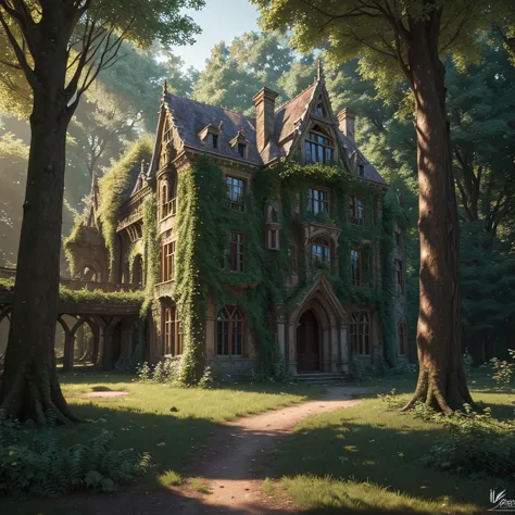 (high resolution uncompressed raw photo:0.8), abandoned overgrown castle mansion in a forest, (twilight), sun, beauty, interesting lights and shadows, focus blur:0.4, masterpiece, (extremely detailed CG unity 8k wallpaper), 8K render, wide angle full body,...