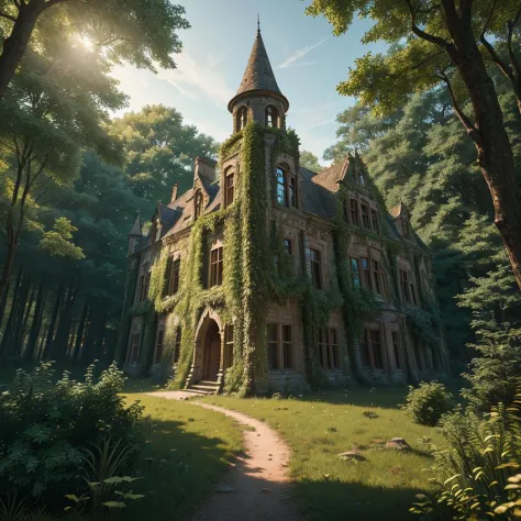 (high resolution uncompressed raw photo:0.8), abandoned overgrown castle mansion in a forest, (twilight), sun, beauty, interesting lights and shadows, focus blur:0.4, masterpiece, (extremely detailed CG unity 8k wallpaper), 8K render, wide angle full body, plant, trending