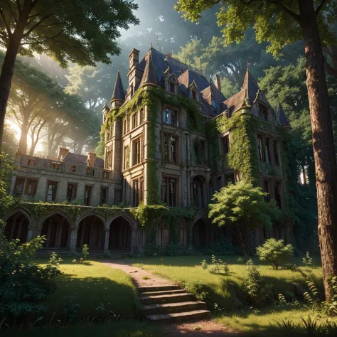 (high resolution uncompressed raw photo:0.8), abandoned overgrown castle mansion in a forest, (twilight), sun, beauty, interesting lights and shadows, focus blur:0.4, masterpiece, (extremely detailed CG unity 8k wallpaper), 8K render, wide angle full body,...