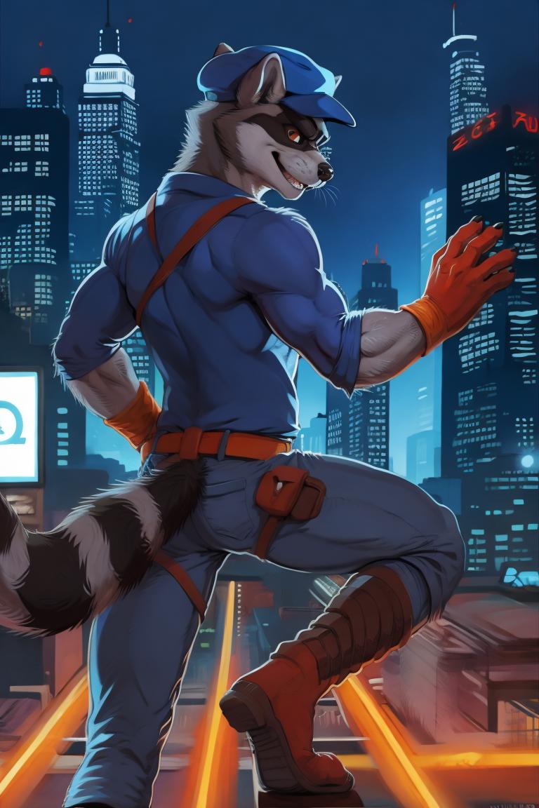 Rocket raccoon in a blue and yellow outfit walking down a city street -  SeaArt AI