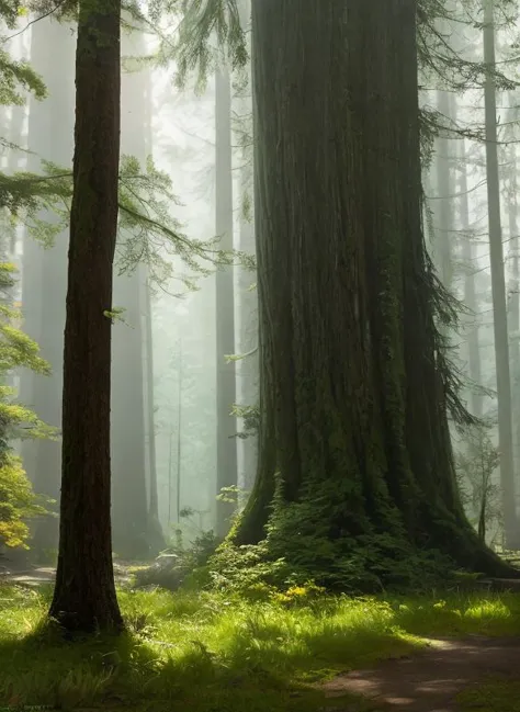 trees in a forest with a path in the middle of it