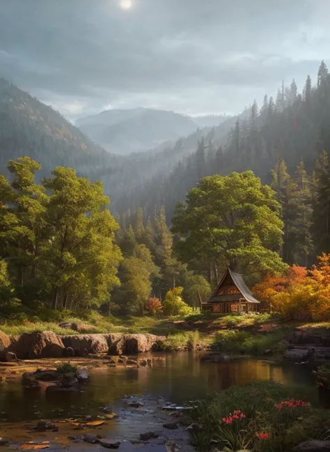 arafed cabin in the woods by a stream with a full moon