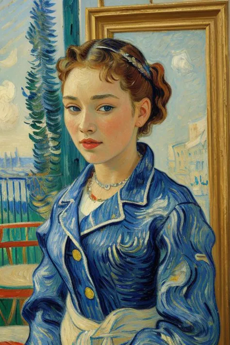 a painting of a woman in a blue dress sitting on a bench