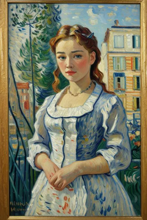 a painting of a woman in a white dress standing in front of a building