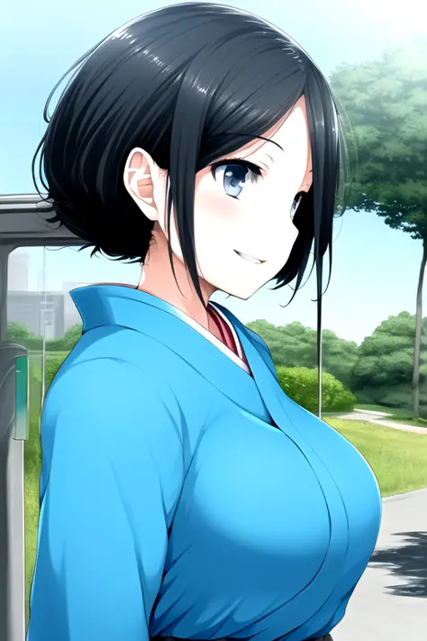 ishikei style,  portrait, (solo), light skin, day time,girl, medium breasts, short hair ,(Black hair) afro twin tail, ,  plump,Light Blue cargo pants, Light Red kimono, side view, kind smile,bus stop, outdoors highly detailed background, ultra detailed ill...