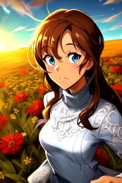 khyle style, 1girl, brown hair, blue eyes, small breasts, long hair, looking at viewer, outside, flowers, sunlight, portrait, field, expansive sky, highly detailed background, ultra detailed illustration, masterpiece, best quality, lace turtleneck dress