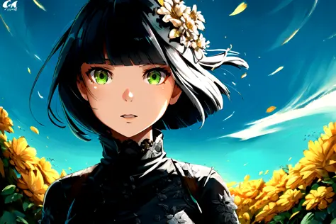 belko style, (junc style:1, junc:1), 1girl, black hair, green eyes, small breasts, short hair, blunt bangs, bob cut, looking at viewer, outside, flowers, sunlight, portrait,river, expansive sky, highly detailed background, ultra detailed illustration, mast...