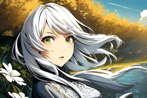 belko style, (junc style:1, junc:1), 1girl, white hair, green eyes, small breasts, long hair, looking at viewer, outside, flowers, sunlight, portrait,river, expansive sky, highly detailed background, ultra detailed illustration, masterpiece, best quality, ...