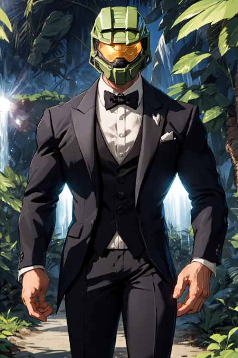 1boy,muscular,<lora:Masked_MaleV1.1-000008:0.8>,(masterpiece, best quality),skinny,tuxedo,suit,formal_dress,lens flare,jungle,Ty...