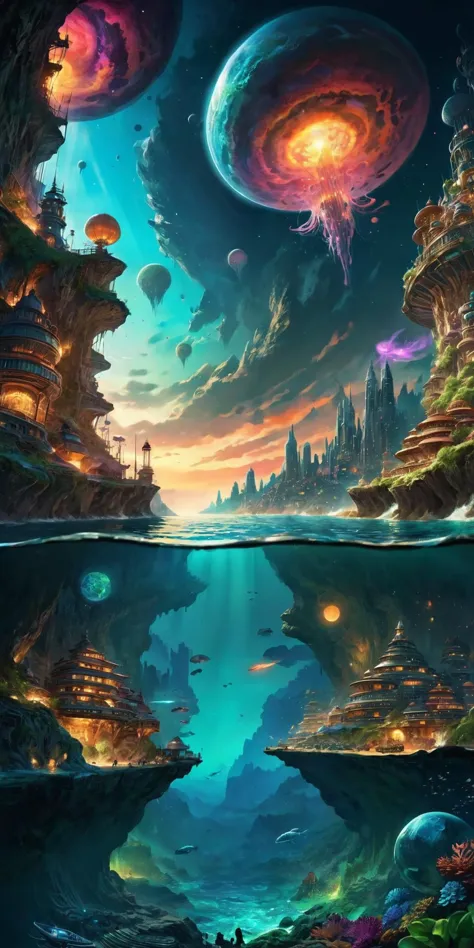 breath taking sky filled with moons and aurora and galaxies and polychromatic clouds,lush jungle and city,above futuristic plane...