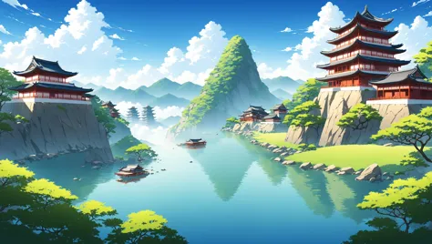 <lora:WallpaperFusionXL:0.8> city, east asian architecture, from behind, gradient, nature, no humans, outdoors, plant, rock, scenery, sky, upper body, vehicle focus, wallpaper fusion, water, wide shot