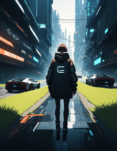 <lora:WallpaperFusionXL:0.8> Wallpaper Fusion, 1boy, 1girl, brown hair, car, city, cyberpunk, from behind, grass, ground vehicle...