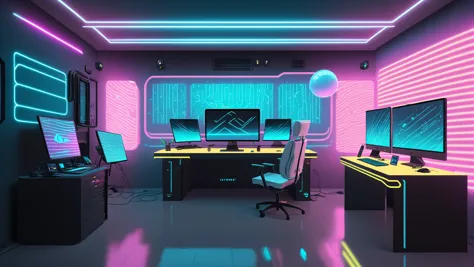 Star Trek Cyberpunk themed futuristic minimalistic Holodeck office interior with neon track lighting, holographic music vibes, soft blue gradient, small yellow ceiling lights, gradient yellow and blue theme, floating chair, floating holograms, table, metal box, scenery, floating holo desk, mesh neon ball, white halo lamp, wireless, futuristic computer, blade runner hologram, floating transparent screen, studio lighting, award winning desktop wallpaper, rembrandt lighting, LUT like a movie, wide shot, wallpaper fusion, Wave Art Style, holo-punk style, 