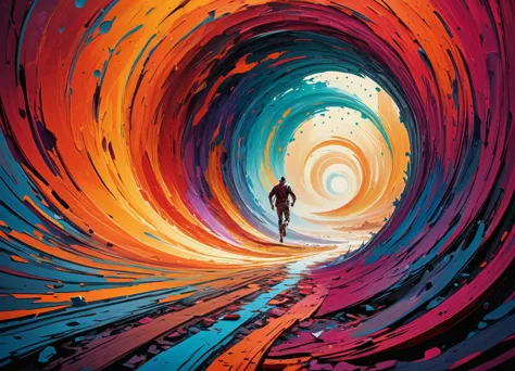 Masterpiece,photo illustration of (Riftwalker:1.2) running away from a portal in the background,rich and vibrant colors,dynamic composition,brush patterns,<lora:WallpaperFusionXL:1>,Wallpaper Fusion,