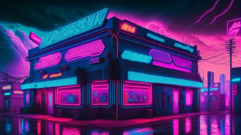 ((Cyberpunk infused futuristic building with a neon signs)), cyberpunk synthwave blue theme with 1980s neon, outdoors with an aesthetic like it's the year 2099 and power lines arcing in a thunderstorm, dusk themed night sky, Hyperdetailed Photography, Landscape Photography, wide shot, Movie Still, Cinematic, wallpaper fusion, Wave Art Style, <lora:WallpaperFusionXL:0.4>, <lora:WaveArtXL:0.8>