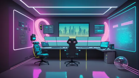 Star Trek Cyberpunk themed futuristic minimalistic Holodeck office interior with neon track lighting, holographic music vibes, s...