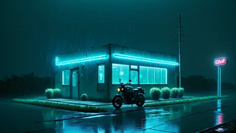 Modern style architecture, blue theme, minimalistic, rain, utility pole, motorcycle, no humans, ground vehicle, plant, scenery, ...