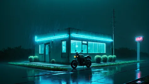 Modern style architecture, blue theme, minimalistic, rain, utility pole, motorcycle, no humans, ground vehicle, plant, scenery, road, futuristic building, window, dusk, night sky, outrun, text logo CIVITAI, blue, 80s, neon, electric light wires, wallpaper fusion, Wave Art Style, outdoors, power lines, Hyperdetailed Photography, Landscape Photography, wide shot, Movie Still, Cinematic, 