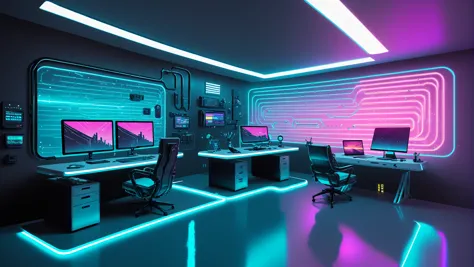 Star Trek Cyberpunk themed futuristic minimalistic Holodeck office interior with neon track lighting, holographic, music vibes, ...
