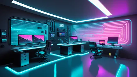 Star Trek Cyberpunk themed futuristic minimalistic Holodeck office interior with neon track lighting, holographic, music vibes, soft blue gradient, small yellow ceiling lights, gradient yellow white blue theme, floating chair, floating holograms, table, metal box, scenery, floating holo desk, mesh neon ball, white halo lamp, wireless, futuristic computer, blade runner hologram, floating transparent screen, studio lighting, award winning desktop wallpaper, rembrandt lighting, LUT like a movie, wide shot, wallpaper fusion, Wave Art Style, holo-punk style, <lora:WallpaperFusionXL:0.2>, <lora:WaveArtXL:0.5>, <lora:HoloPunkXL:0.4>