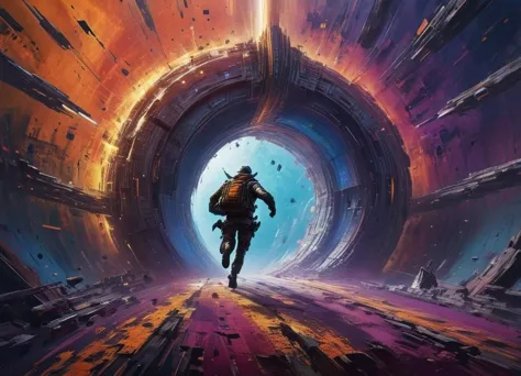 Masterpiece,photo illustration of (Ranger:1.2) running away from a portal in the background,rich and vibrant colors,dynamic composition,brush patterns,Wallpaper Fusion,spstation,