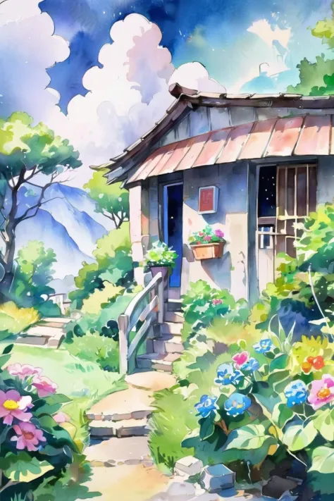 Aquarell im Anime-Stil, Mittag, blauer Himmel, Wolken, Landschaft, seltsamer Visual Kei-Umkleideraum in einer magischen Frühlingsoase