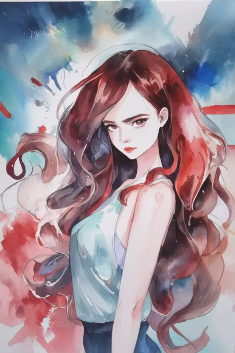 aquarelle de style anime, 1fille, femme, cheveux roux foncé, Balayage