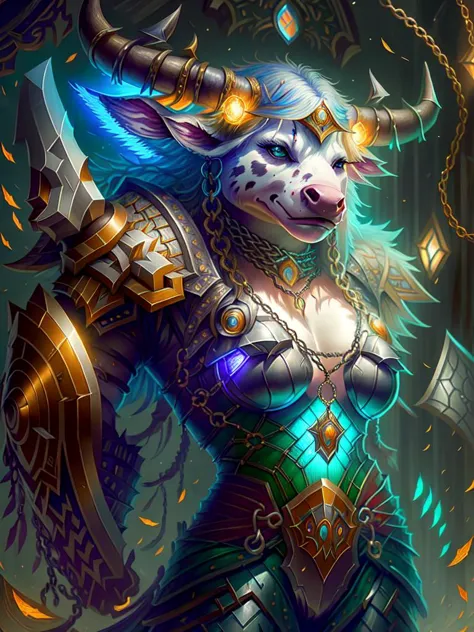 World of Warcraft, Justin Gerard, Studio Quality, Masterpiece, 1girl, Tauren, (cow nose), blonde hair, (chainmail suit:1.2), lar...