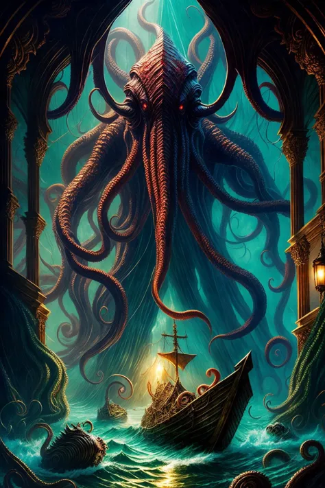 1 giant Cthulhu  ,  crawl, fantasy, ocean,boat, ship,  blood, tangled, 
cinematic lighting , storm, 
(photorealistic, detailed, ...