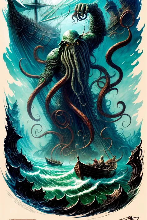 Cthulhu ink sketch,  crawl, fantasy, ocean,boat, ship,  blood, tangled, 
(detailed, realistic, by Adrian Smith, Jason Edmiston J...