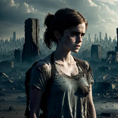 "concerned and tired emma watson in shredded dirty clothes rags, in the ruins of civilization after the apocalypse, looming city...