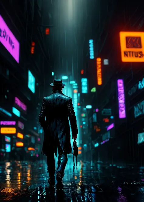 (speed painting)+ of a detective walking in a cyberpunk city, after hours, dark, raining++, dripping wet, raindrops, wallpaper, ...