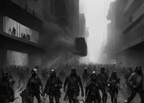 sketch of rebelling protesters in a dystopian city, rebellion, smoky, gritty, dim, chaotic, chiaroscuro, HDR, trending on artsta...