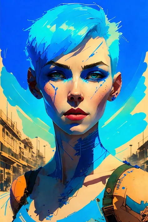 portrait of 1 woman, pale skin, blue short hair, blue lips,   perspective,  full body
(ink sketch  by Enki Bilal)
high contrast,...